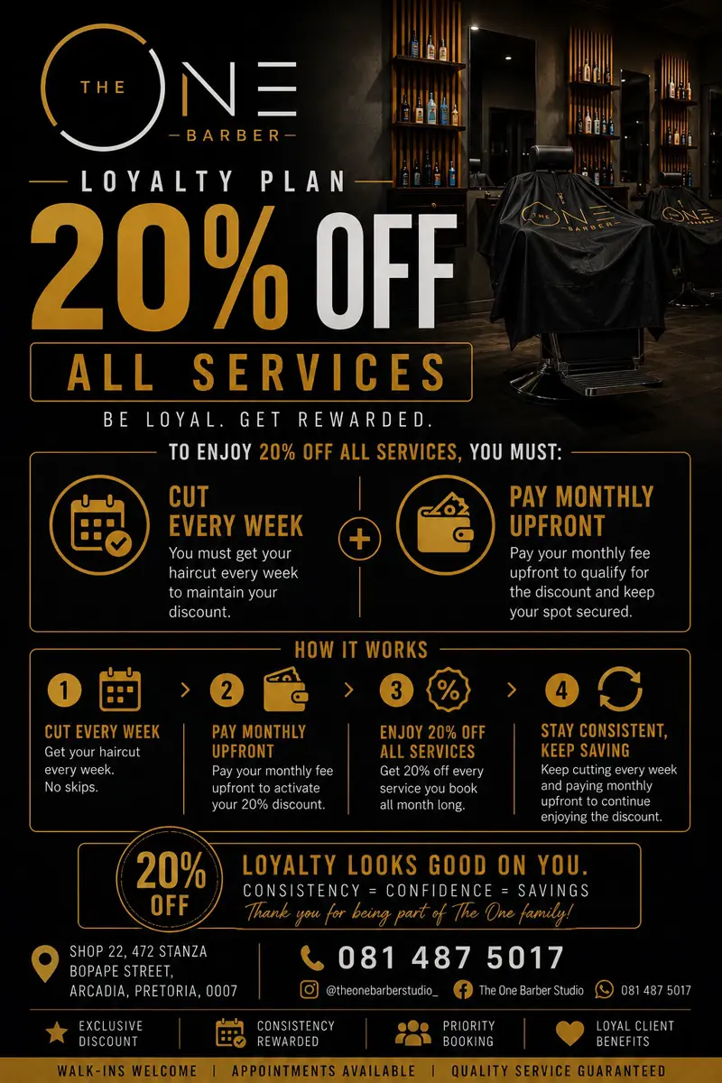 The One Barber loyalty plan poster showing 20% off all services