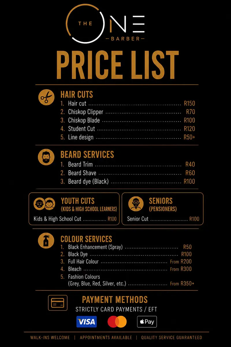 The One Barber price list poster with service prices