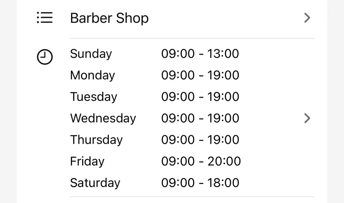 Barber shop opening hours screen