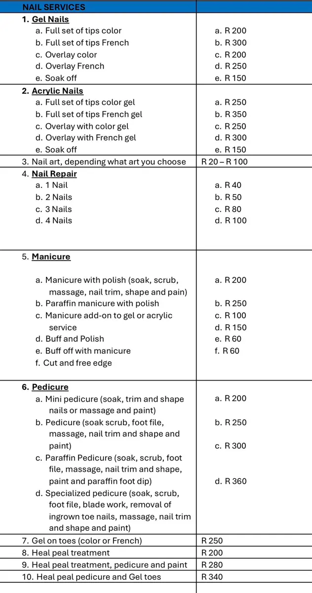 Nail services price list with gel, acrylic, manicure and pedicure prices