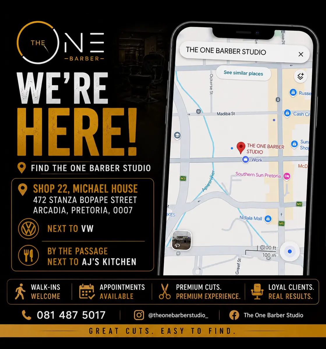 The One Barber Studio location and directions poster